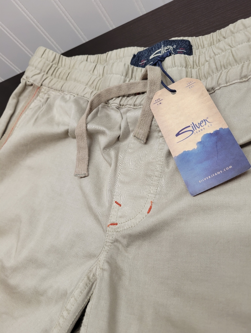 Mens Silver Jeans Sand Elastic Waist Drawstring Shorts